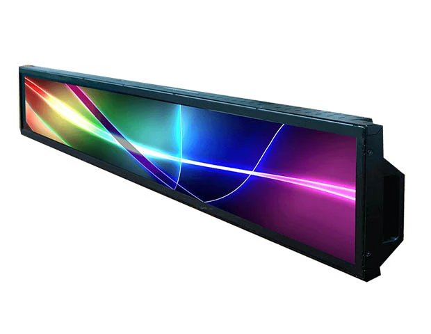 Thermal design in commercial bar-type LCD displays - aluminum vs plastic housing Cross-section diagram of stretched LCD display showing aluminum backplate thermal management and ventilation design